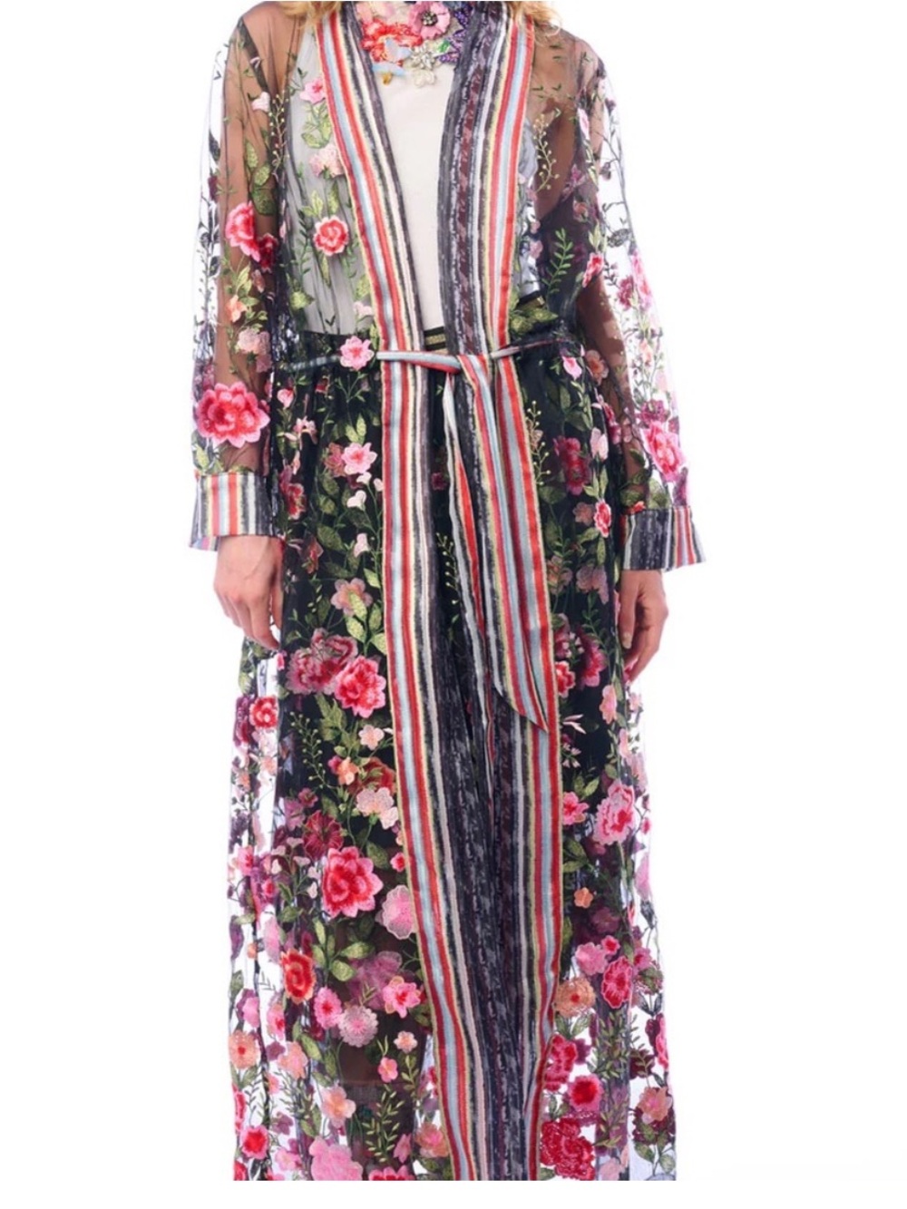NWT Aratta Silent Journey- Dark Rose Mesh Duster with Embroidery
